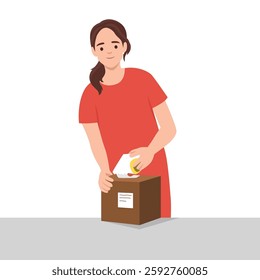 Woman is carefully placing an item into a brown box, preparing it for shipment or storage. Flat vector illustration isolated on white background