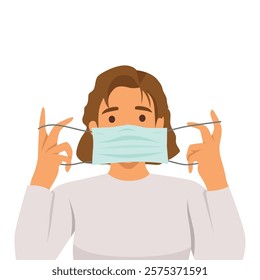 Woman carefully puts on a protective face mask, promoting health and safety practices. Flat vector illustration isolated on white background