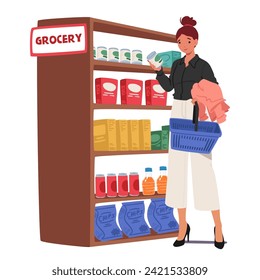 Woman Carefully Selects Fresh Produce At The Grocery Store, Navigating Aisles With A Focused Demeanor, Ensuring Thoughtful And Practical Purchase For Her Household. Cartoon People Vector Illustration