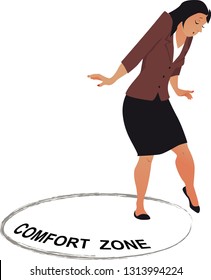 Woman Carefully Stepping Out Of A Comfort Zone, EPS 8 Vector Illustration