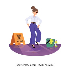 Woman carefully walks on wet floor, flat vector illustration isolated on white background. Yellow caution sign for wet floor, cleaning equipment. Concepts of safety and precaution.