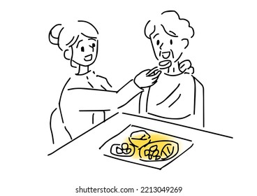 woman caregiver assists elderly woman with a meal, vector
