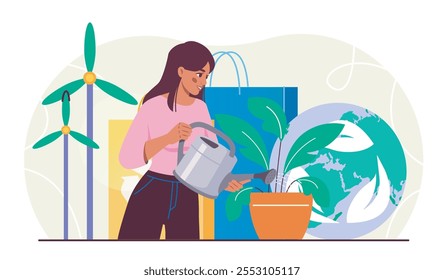 La mujer se preocupa por el medio ambiente. Niña planta aguas. Cuidar la naturaleza y el medio ambiente. Activista respetuoso del medio ambiente. Estilo de vida sostenible y sin desperdicios. Ilustración vectorial plana aislada sobre fondo blanco