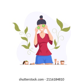 Woman cares her skin cleansing treatment procedures for face and body. Female applying skincare mask vector cartoon