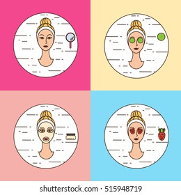 Woman cares and protects her face with various actions, facial, treatment, beauty, healthy, hygiene. Facial masks.Tools for home skin care.Set of round icons.