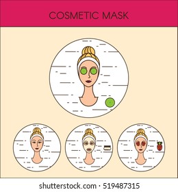 Woman cares and protects her face with various actions, facial, treatment, beauty, healthy, hygiene. Facial masks.Tools for home skin care.Set of round icons.