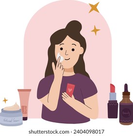 The woman cares for the skin and applies cream on the face. The Illustration is in flat cartoon style. Woman is making facial massages, self-care routines, moisturizing, and hygiene. Vector