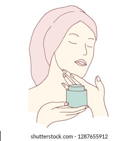 A woman cares for the skin of the face, applies a cream and patches under the eyes. Vector flat cartoon illustration.