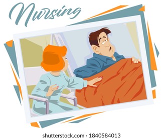 Woman caretaker next to sick man. Female nurse beside male lying in bed. Illustration for internet and mobile website. 