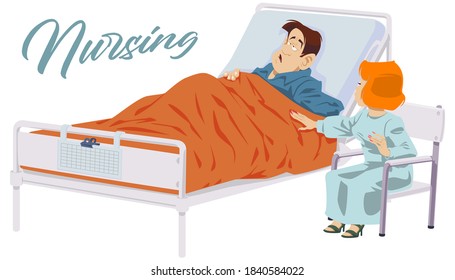 Woman caretaker next to sick man. Female nurse beside male lying in bed. Illustration for internet and mobile website. 