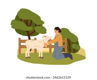 Woman caring about goat. Female farmer and livestock, animal at farm yard, village. Agriculture worker, summer rural country scene. Flat graphic vector illustration isolated on white background
