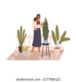 Woman caring about home garden with potted plants. Girl cutting houseplants leaf with scissors at house balcony. Person and homeplants. Flat vector illustration isolated on white background