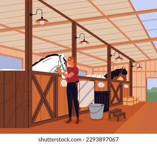 Mujer cuidando los caballos en un interior estable. Jinete, ecuestre, trabajador tratando stallion, caballo de carreras en granero equino. Cabalera en un puesto de madera, edificio de sementales. Ilustración vectorial plana