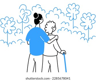 Woman caring for elderly, senior woman flat vector illustration