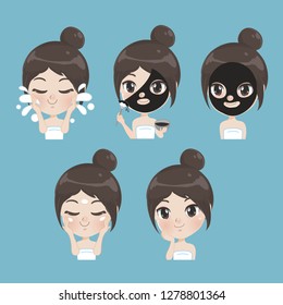 Woman caring for facial skin and cleans it using a mud mask, face cream and cleansing tonic vector illustration. Vector illustration set isolated.
