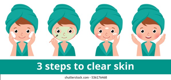 Woman caring for facial skin and cleans it using a mud mask, face cream and cleansing tonic cartoon vector illustration