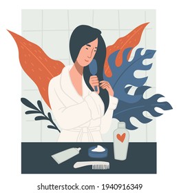 Woman caring for hair style and treatment, woman wearing bathrobe in bathroom using comb and brush. Therapy and beauty procedures at home. Cosmetology and routine for girls. Vector in flat style