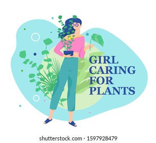 Woman caring for houseplant in a pot. Trendy illustration with a girl holding an indoor plant. Urban jungle and plants theme.