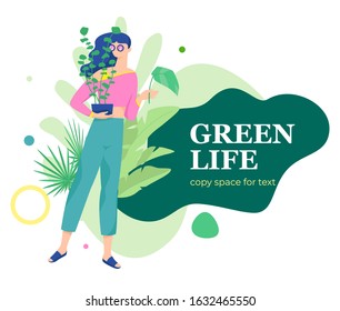 Woman caring for houseplant in a pot. Trendy illustration with a girl holding an indoor plant. Urban jungle and plants theme.