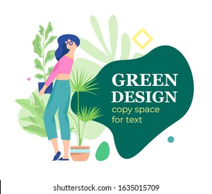 Woman caring for houseplant in a pot. Trendy illustration with a girl holding an indoor plant. Urban jungle and plants theme.