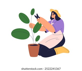 Woman caring for houseplant, pruning green leaf with gardening cutting tool, cutter. Female character gardening, growing plant in pot, planter. Flat vector illustration isolated on white background