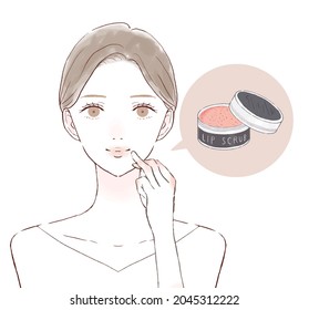 Woman caring for lips with lip scrub. On a white background.