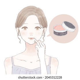 Woman caring for lips with lip scrub. On a white background.