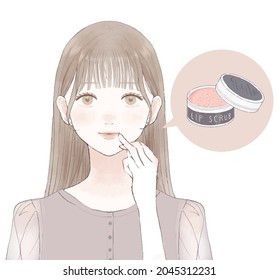 Woman caring for lips with lip scrub. On a white background.