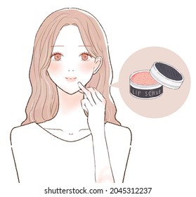 Woman caring for lips with lip scrub. On a white background.