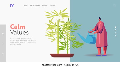 Woman Caring of Plant Landing Page Template. Feng Shui Chinese Culture, Hobby Concept. Happy Female Character Gardening at Home or Greenhouse Watering Bamboo from Can. Cartoon Vector Illustration