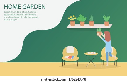 Woman caring for plants in the living room at home garden,plants growing in pots,hobby and lifestyle relax,Vector illustration.