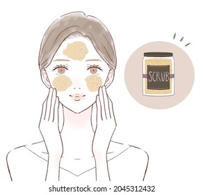 Woman caring for pores with scrub. On a white background.