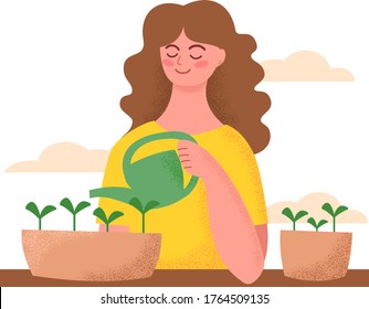 A woman caring for seedlings. Girl watering the sprouts of plants. Gardener, indoor flowers. Vector illustration.