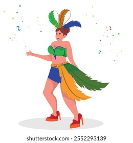 Woman in carnival costume with colorful clothes dancing and happy, confetti. vector illustration.
