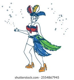 Woman in carnival costume enjoying a popular party in Brazil in scribble or chalk drawing style, Samba from Rio de Janeiro, vector illustration.