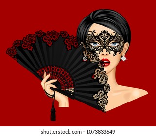 Woman in carnival Venetian mask and holding in her hand open black vintage fan isolated on red. Vector illustration