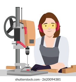 Woman carpenter wearing safety gear works confidently with a drill press in woodworking environment. Flat vector illustration isolated on white background