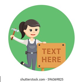 woman carpenter with wood text sign in circle background