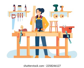 Woman carpenter works in workshop. Female making furniture. Joiner with construction equipment. Industrial instruments. Woodwork studio. Girl holding wood plank and svg