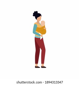 A woman carries a baby in a sling. The mother and child. Vector illustration in flat style.