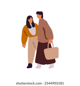 Mulher carrega bolsa na mão, fala com a filha em movimento. Jovem menina e mãe passeiam. Amigo se comunica, conversa. As pessoas caminham juntas. Ilustração de vetor isolado plano sobre fundo branco.