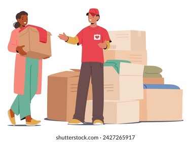 Woman Carries Box, Brimming With Gently Used Clothes, Destined For Donation To Those In Need, Female Character Embodying Kindness And Community Support. Cartoon People Vector Illustration