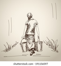 woman carries a bucket with water. Hand drawn illustration
