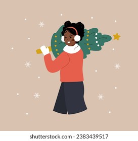 Woman carries Christmas tree. African smiling girl preparing for winter holidays. People buying Christmas fir on the fair. New Year postcard. Vector illustration in flat cartoon style.