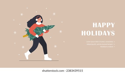 Woman carries Christmas tree. Happy holidays background. Landing page template. People buying Christmas fir on fair. New Year postcard. Vector illustration in flat cartoon style.