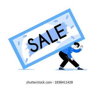 Woman Carries Discount Banner In Flat Style. Isolated Girl with a placard Sale. Holds Banner in Hand. Vector stock illustration. The picture is in blue shades.
