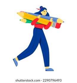 Woman carries a lot of giant pencils. Student running and holding pens. Concept of education, copywriting, creativity, achievement, blogging. Cute funny isolated character. Vector flat illustration