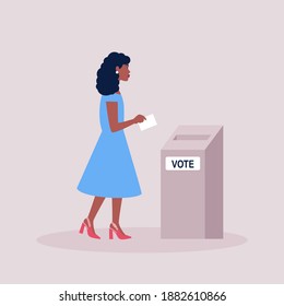 Woman carries his ballot paper to the ballot box. Vector illustration in a flat style