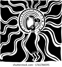 a woman carries a jug, wisdom, dances, dances, a jug of wisdom, a vessel, alligoria, metaphor, parable, meaning, thought, self-knowledge, female sensations, female wisdom, black white, graphics, cover