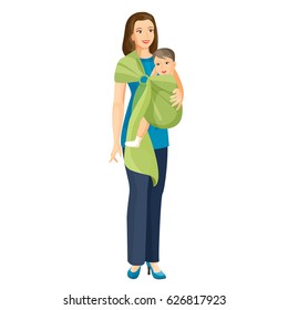 Woman carries little baby boy in sling shoulder-cloth vector illustration isolated on white. Toddler infant in green bundle